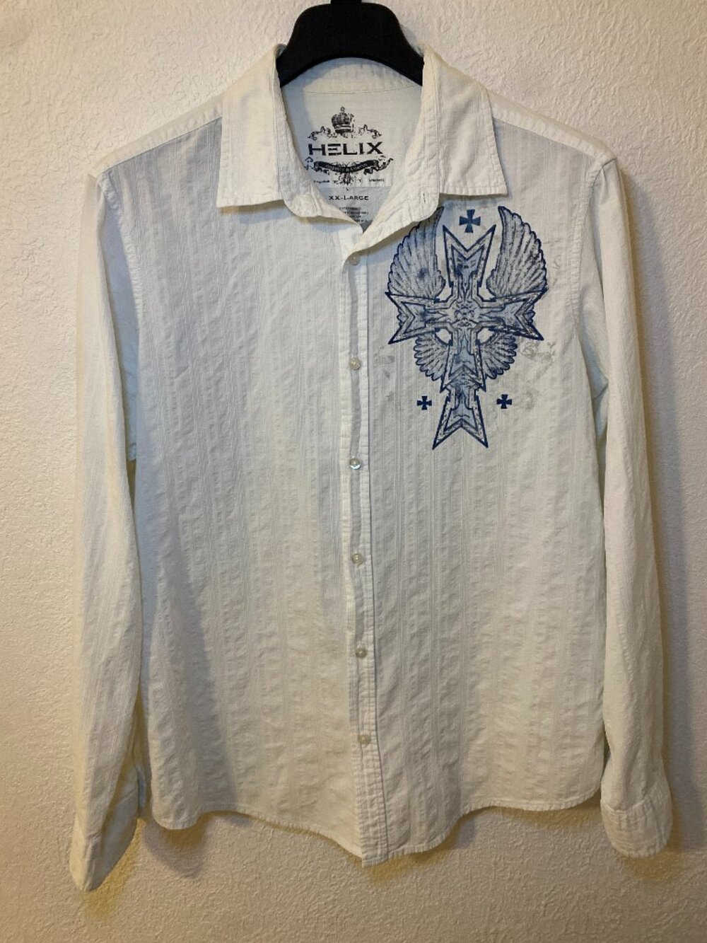 HELIX Mens XXL Y2K White Button Down Shirt Winged Cross Gothic Rocker